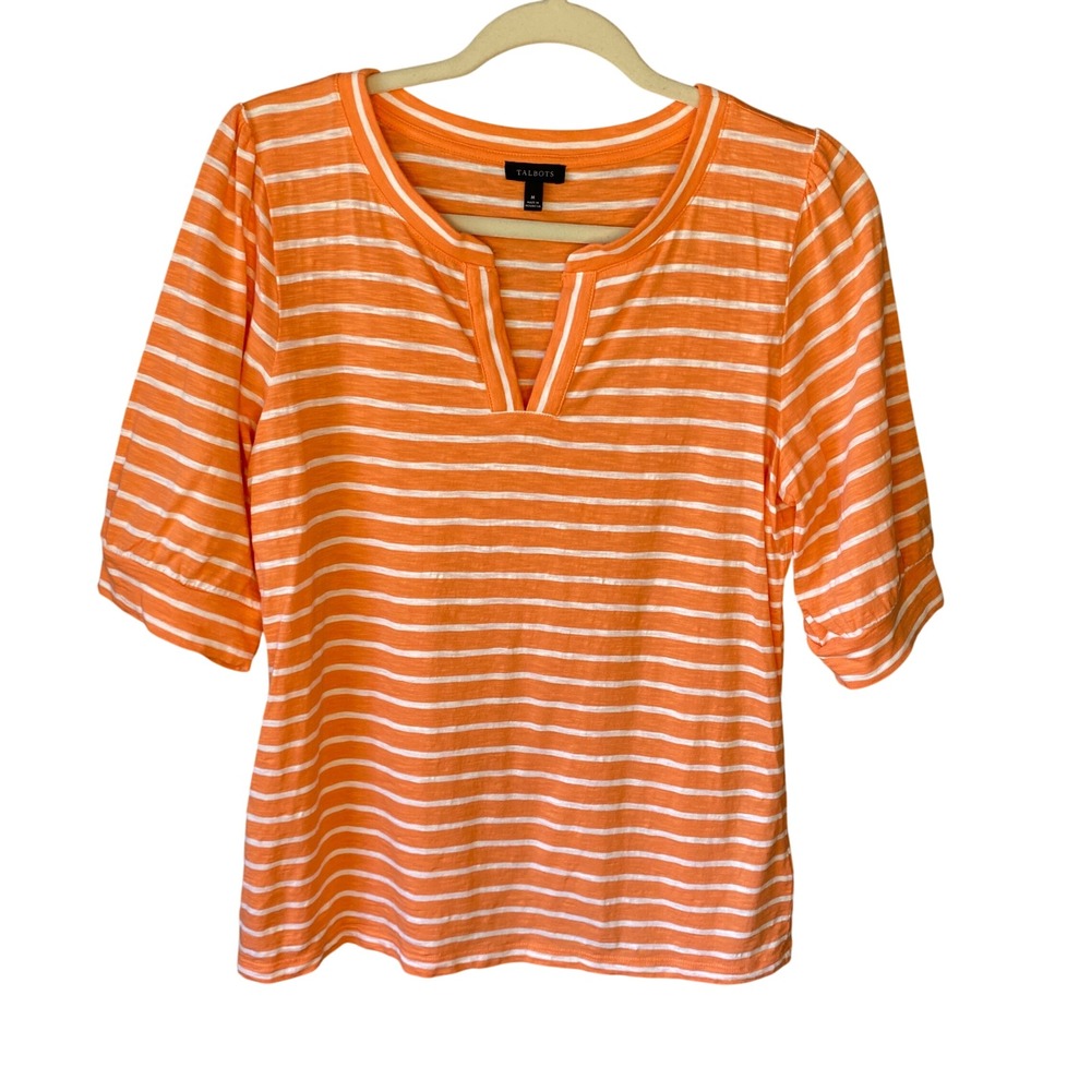 Talbots Womens Orange White Striped Split Neck Elbow Sleeve Knit Top Size M